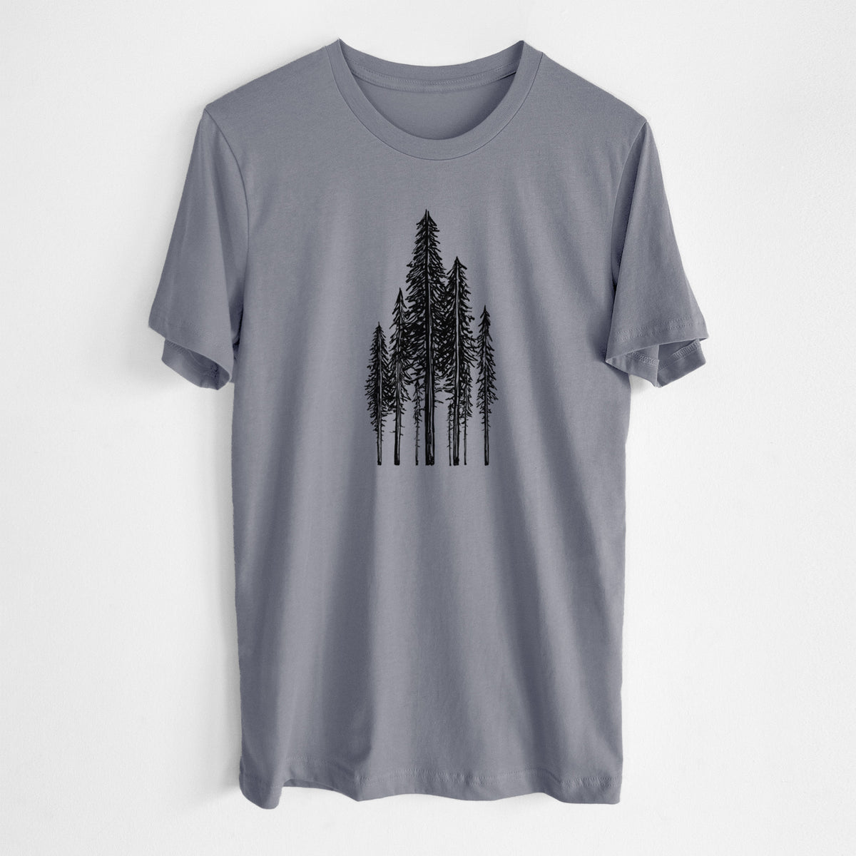 Storm grey lightweight cotton t-shirt laid flat, printed with a black ink illustration of a stand of tall coastal redwood trees with slender trunks and layered branches.