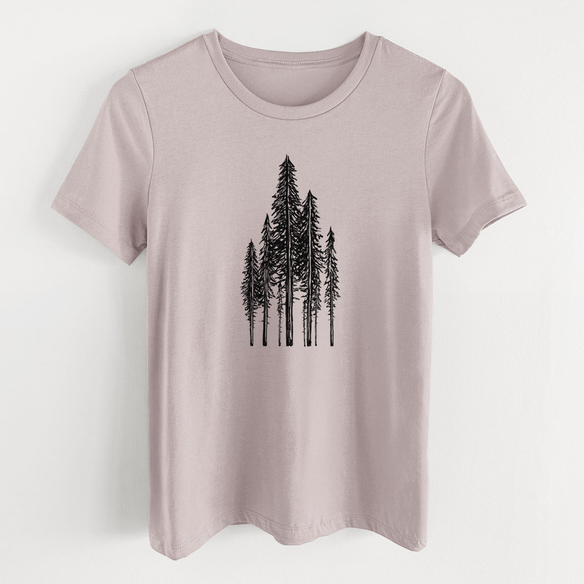 Pink gravel women's relaxed fit cotton t-shirt laid flat, printed with a black ink illustration of a stand of tall coastal redwood trees with slender trunks and layered branches.