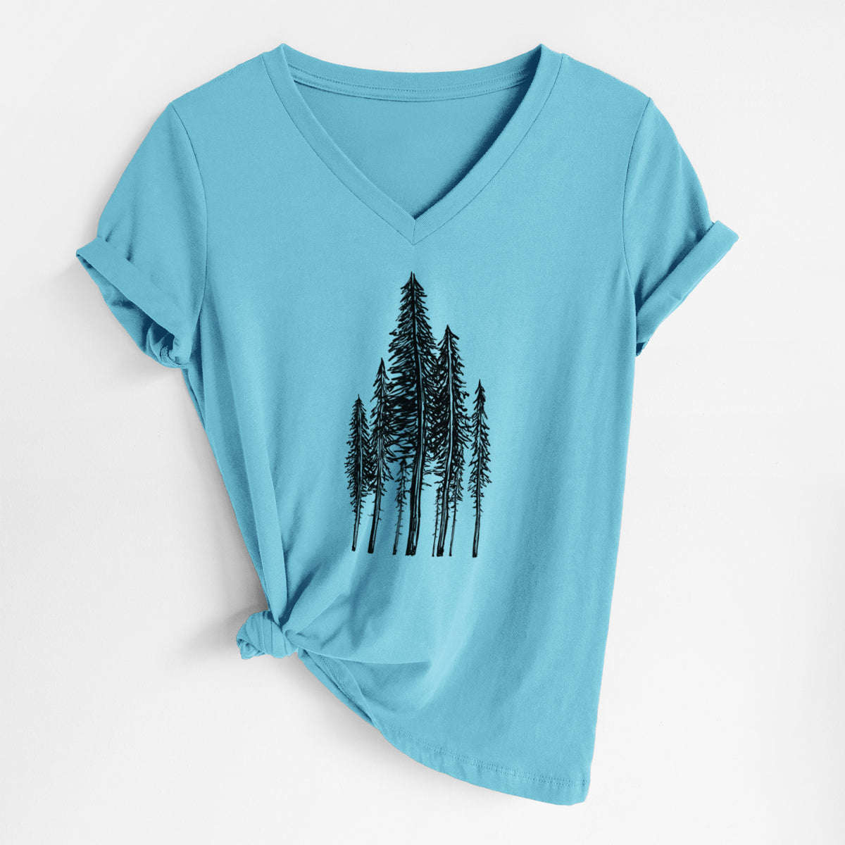 Turquoise women's relaxed fit cotton V-neck t-shirt laid flat, printed with a black ink illustration of a stand of tall coastal redwood trees with slender trunks and layered branches.