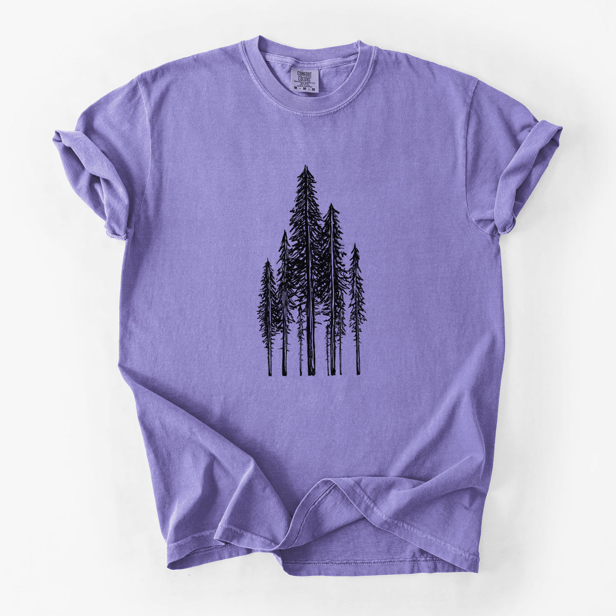 Violet purple Comfort Colors t-shirt laid flat, printed with a black ink illustration of a stand of tall coastal redwood trees with slender trunks and layered branches.
