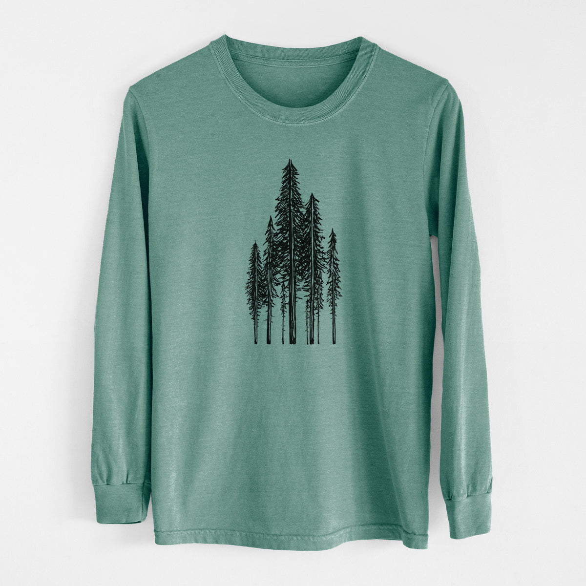 Pine green Comfort Colors long sleeve shirt laid flat, printed with a black ink illustration of a stand of tall coastal redwood trees with slender trunks and layered branches.
