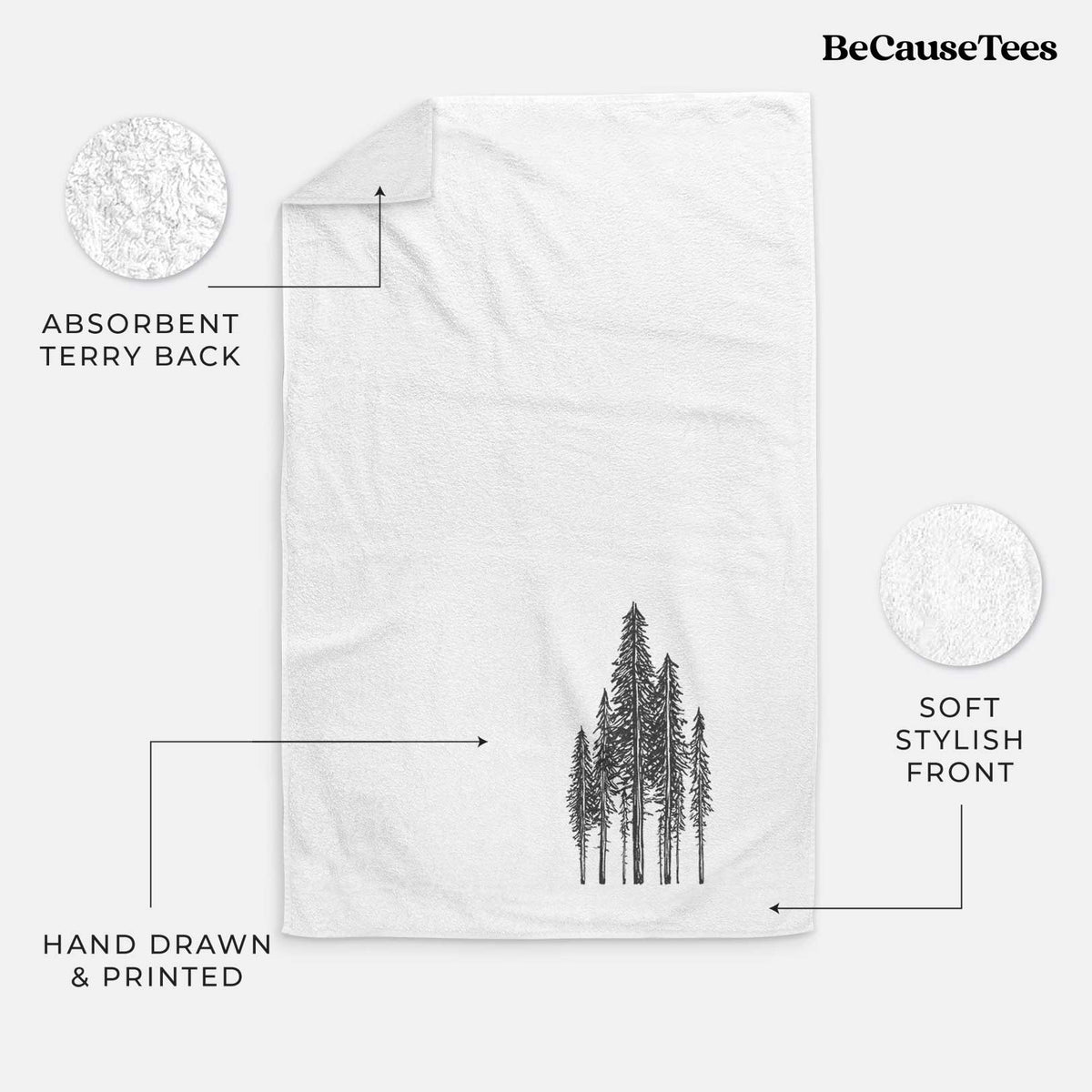 White hand towel printed with a black ink illustration of a stand of tall coastal redwood trees with slender trunks and layered branches.
