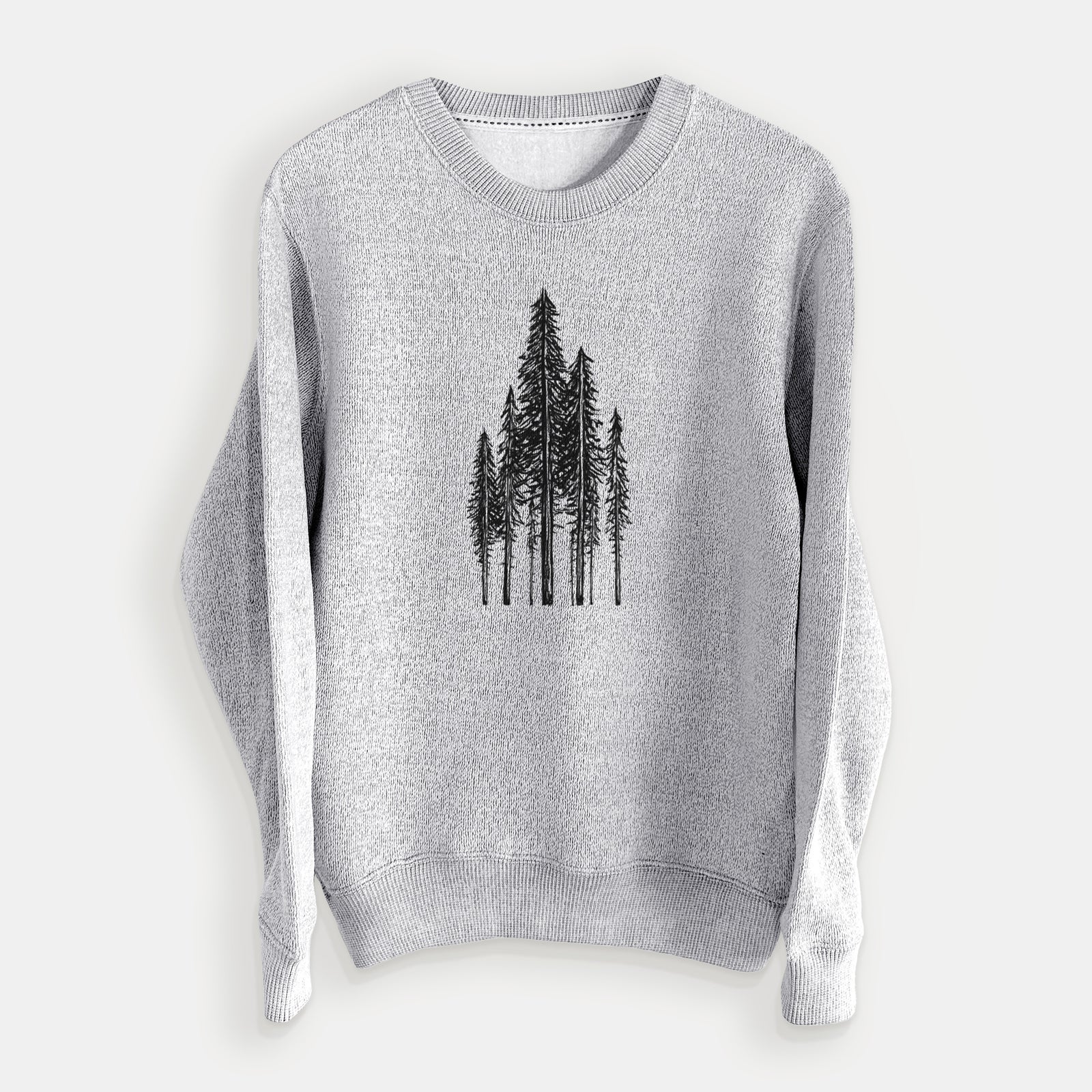 Salt and pepper knit sweatshirt laid flat, printed with a black ink illustration of a stand of tall coastal redwood trees with slender trunks and layered branches.