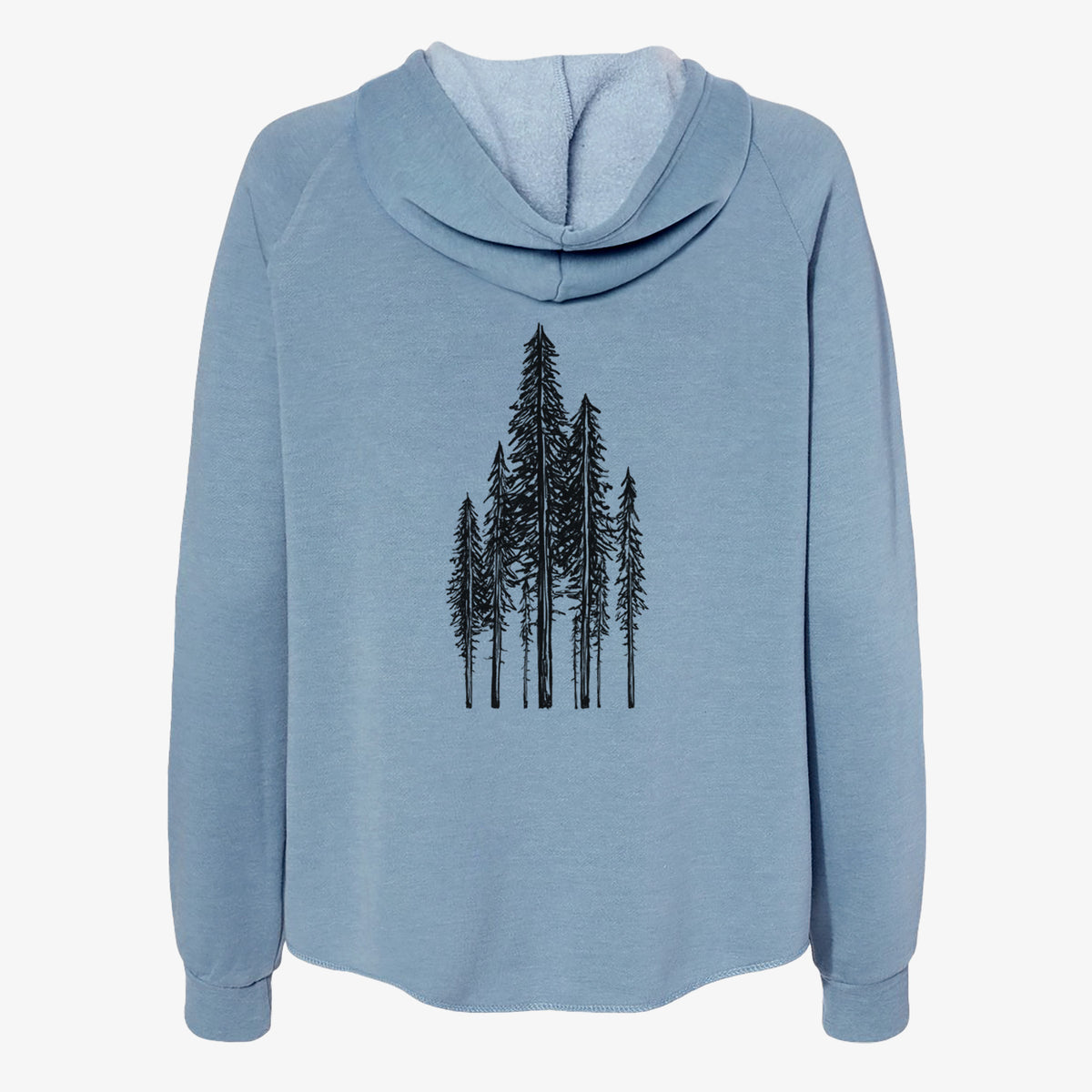 Misty blue women's Cali Wave zip-up sweatshirt laid flat, printed with a black ink illustration of a stand of tall coastal redwood trees with slender trunks and layered branches.