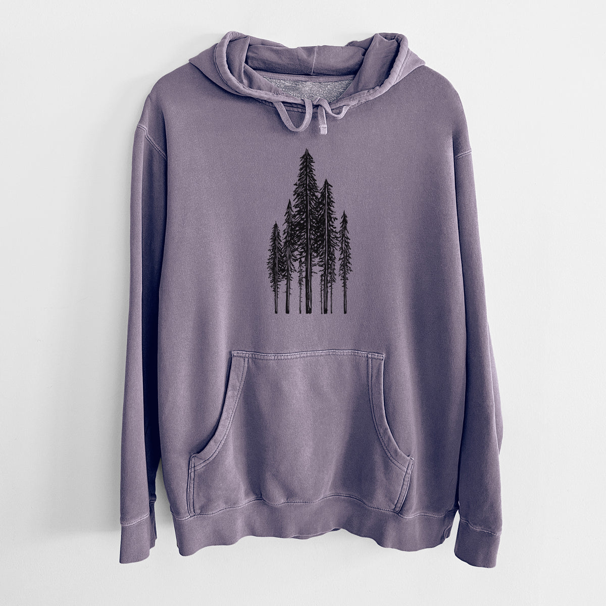 Plum purple pigment dyed hoodie laid flat, printed with a black ink illustration of a stand of tall coastal redwood trees with slender trunks and layered branches.
