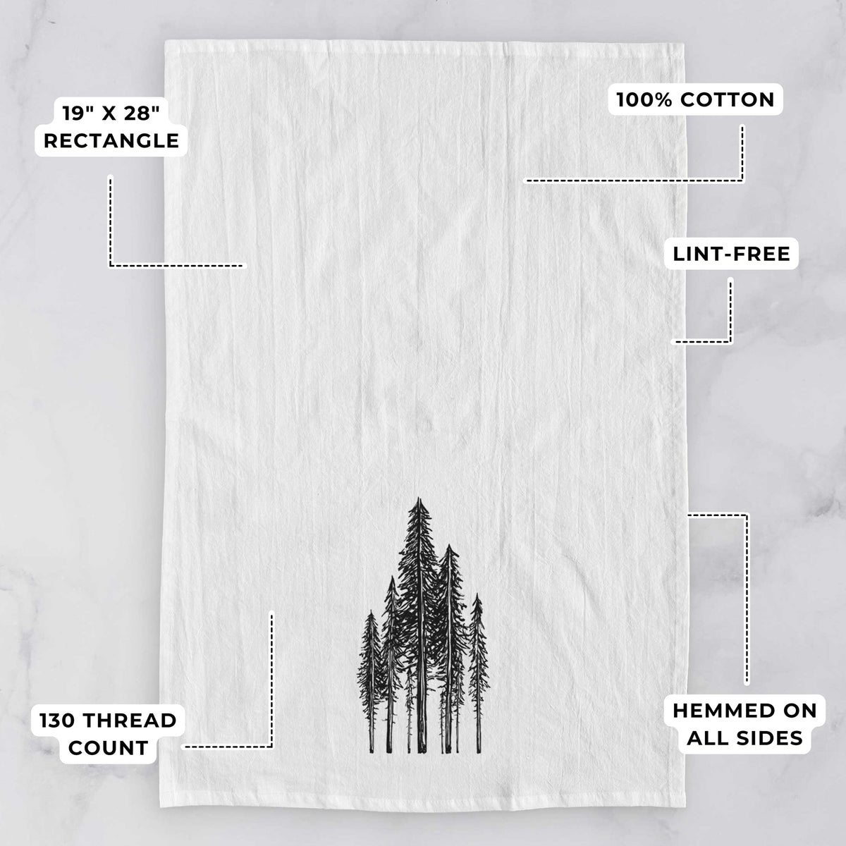 White tea towel printed with a black ink illustration of a stand of tall coastal redwood trees with slender trunks and layered branches, with feature labels: 19 by 28 inch rectangle, 100% cotton, lint-free, 130 thread count, hemmed on all sides.