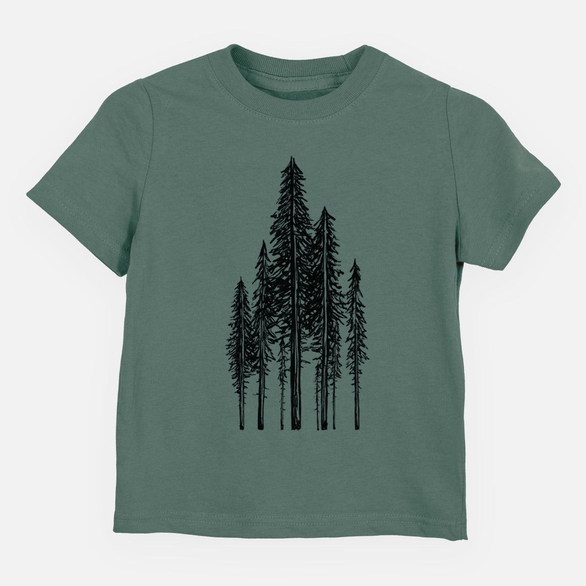 Basil green toddler t-shirt laid flat, printed with a black ink illustration of a stand of tall coastal redwood trees with slender trunks and layered branches.