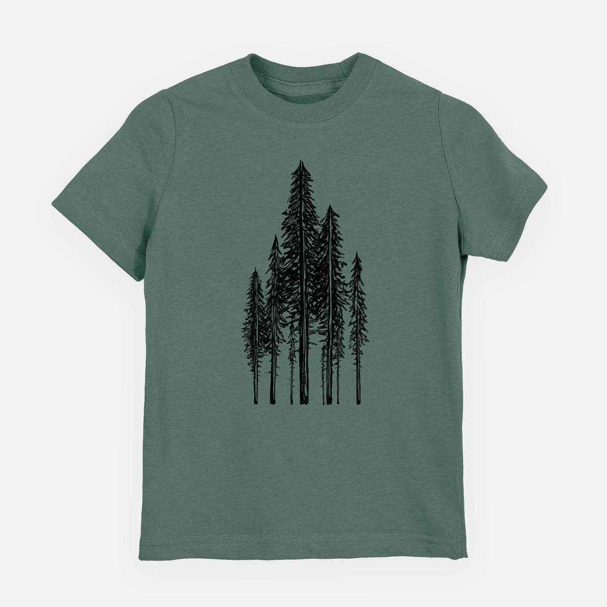 Basil green youth t-shirt laid flat, printed with a black ink illustration of a stand of tall coastal redwood trees with slender trunks and layered branches.