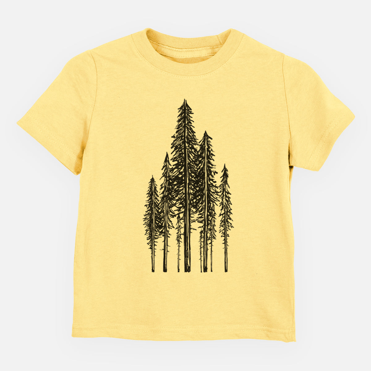 Butter yellow toddler t-shirt laid flat, printed with a black ink illustration of a stand of tall coastal redwood trees with slender trunks and layered branches.