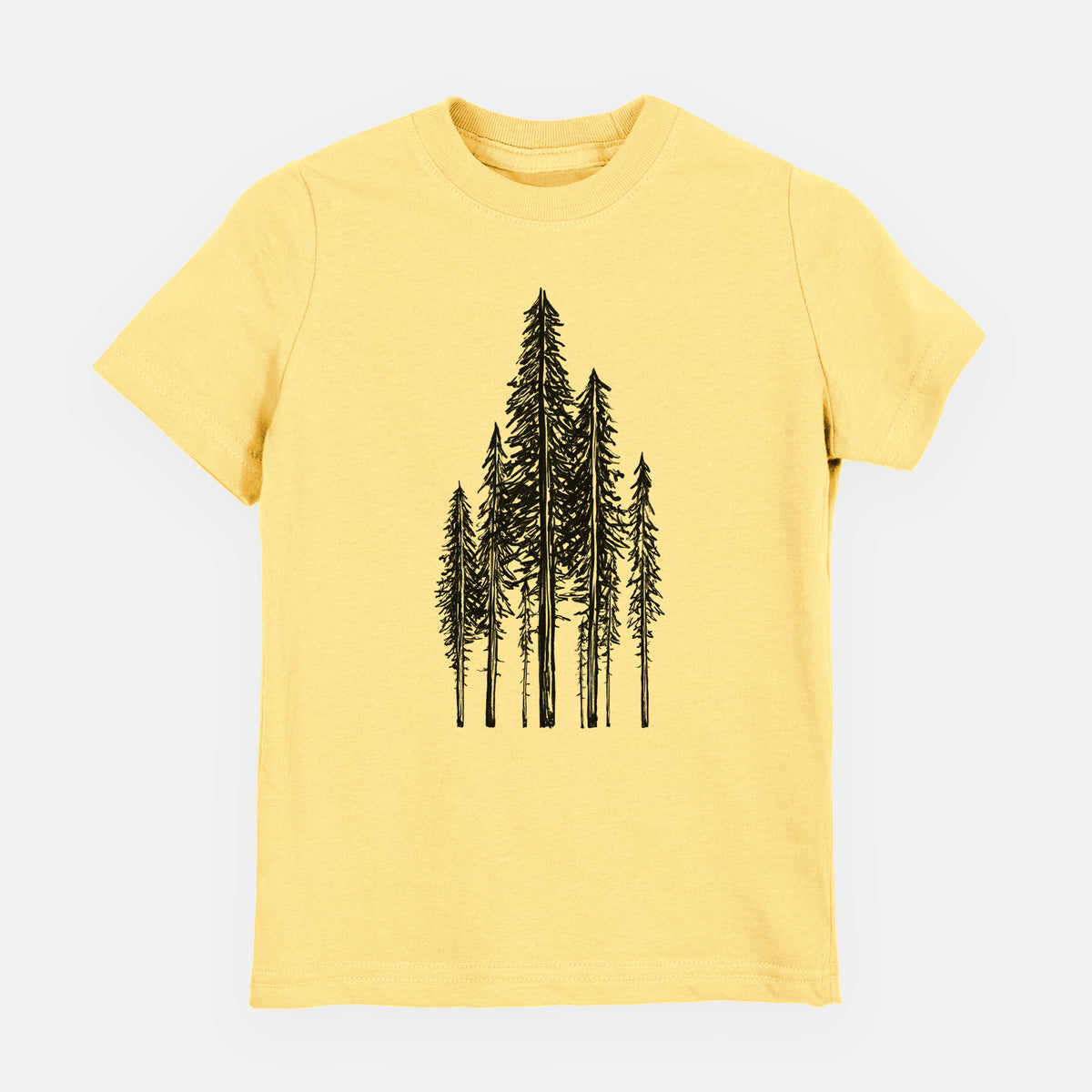 Butter yellow youth t-shirt laid flat, printed with a black ink illustration of a stand of tall coastal redwood trees with slender trunks and layered branches.