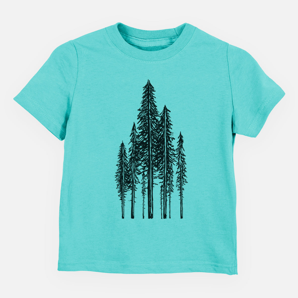 Caribbean blue toddler t-shirt laid flat, printed with a black ink illustration of a stand of tall coastal redwood trees with slender trunks and layered branches.