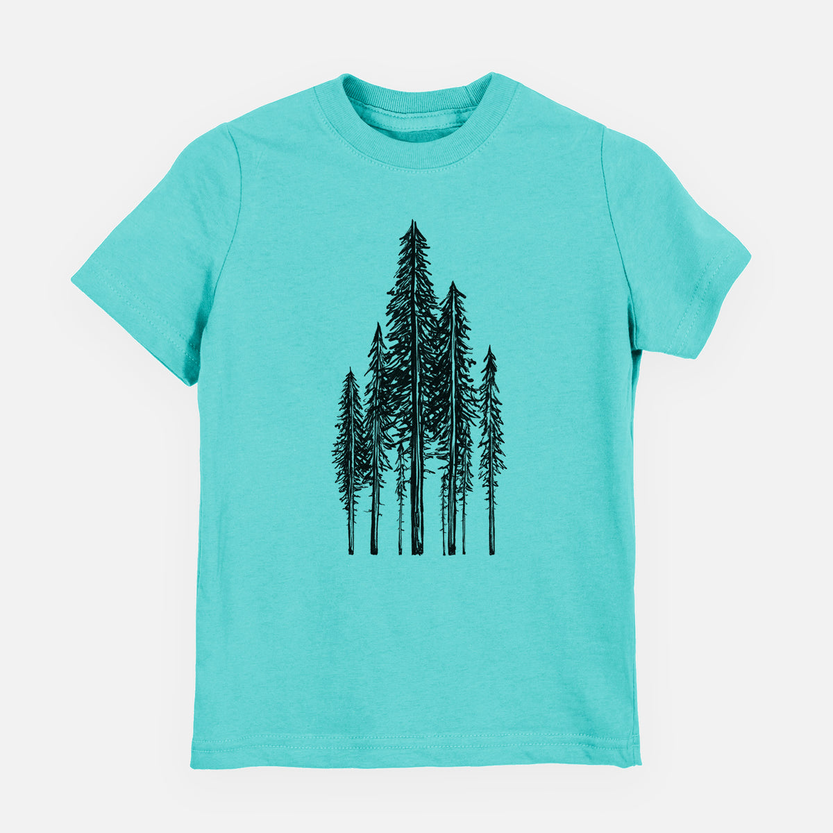 Caribbean blue youth t-shirt laid flat, printed with a black ink illustration of a stand of tall coastal redwood trees with slender trunks and layered branches.
