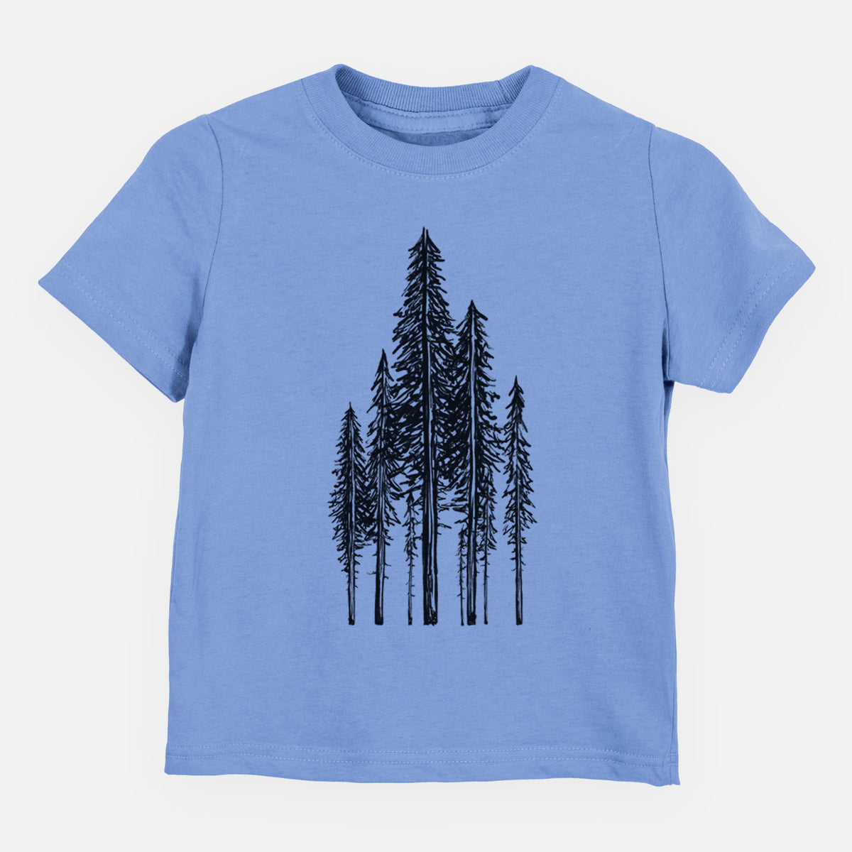 Carolina blue toddler t-shirt laid flat, printed with a black ink illustration of a stand of tall coastal redwood trees with slender trunks and layered branches.