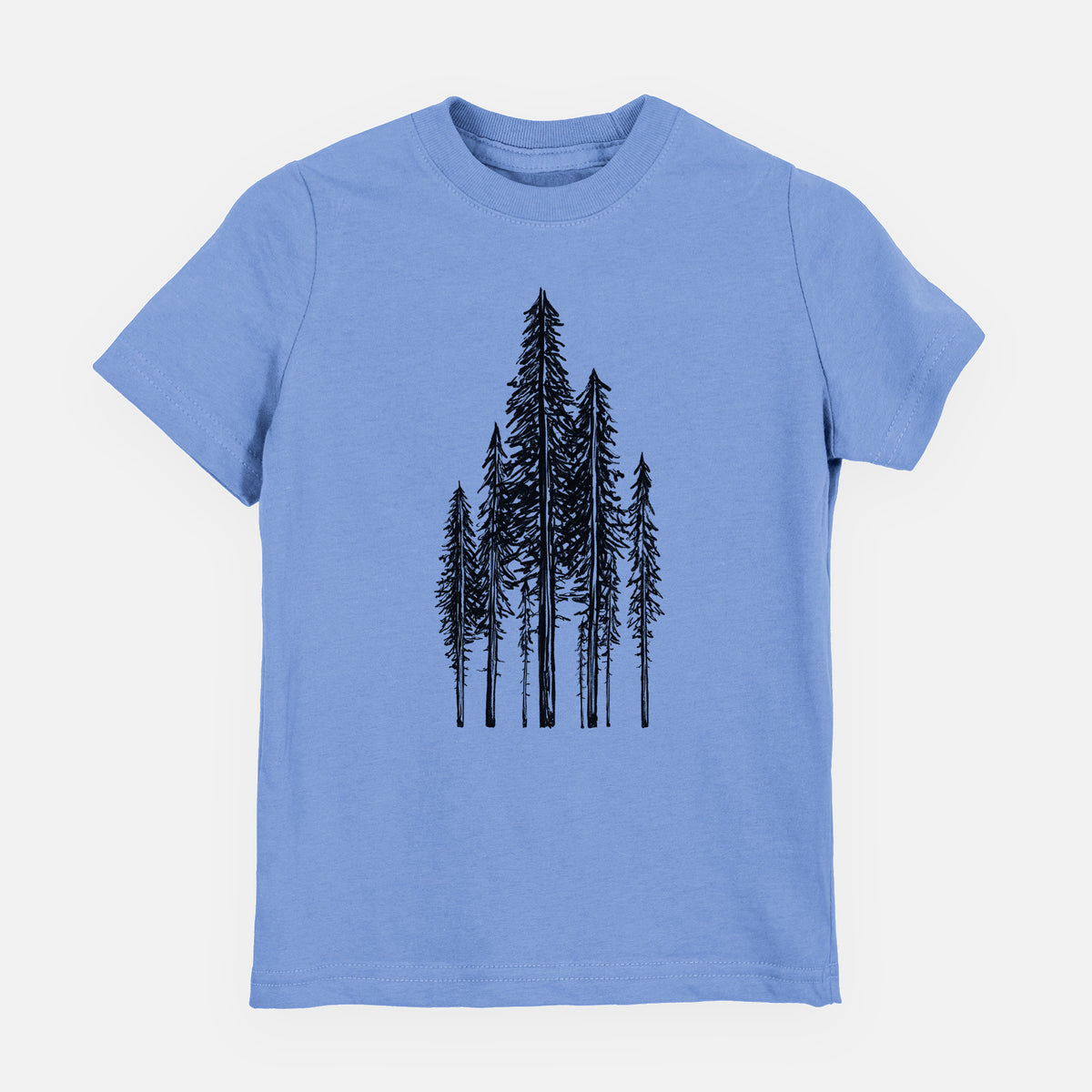 Carolina blue youth t-shirt laid flat, printed with a black ink illustration of a stand of tall coastal redwood trees with slender trunks and layered branches.