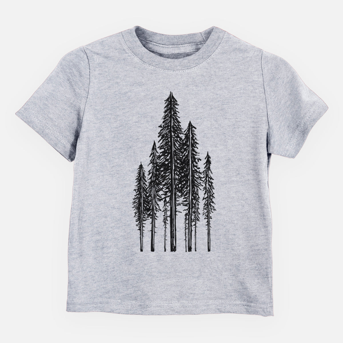Heather grey toddler t-shirt laid flat, printed with a black ink illustration of a stand of tall coastal redwood trees with slender trunks and layered branches.