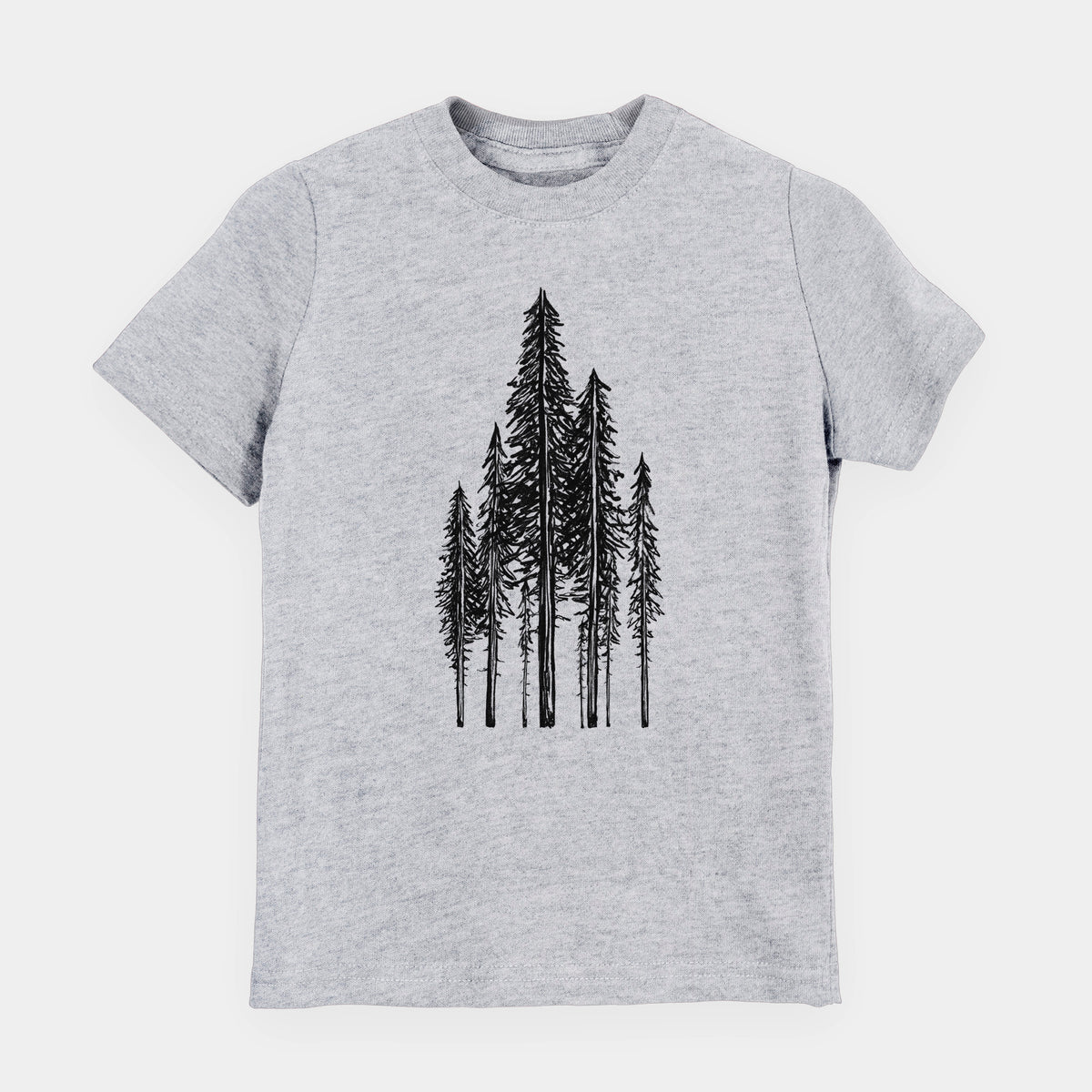 Heather grey youth t-shirt laid flat, printed with a black ink illustration of a stand of tall coastal redwood trees with slender trunks and layered branches.