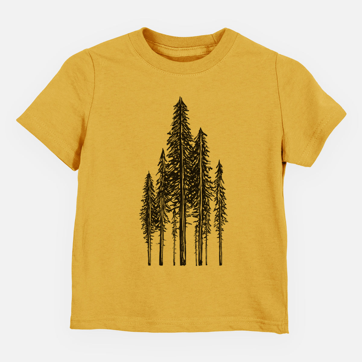 Honeycomb yellow toddler t-shirt laid flat, printed with a black ink illustration of a stand of tall coastal redwood trees with slender trunks and layered branches.