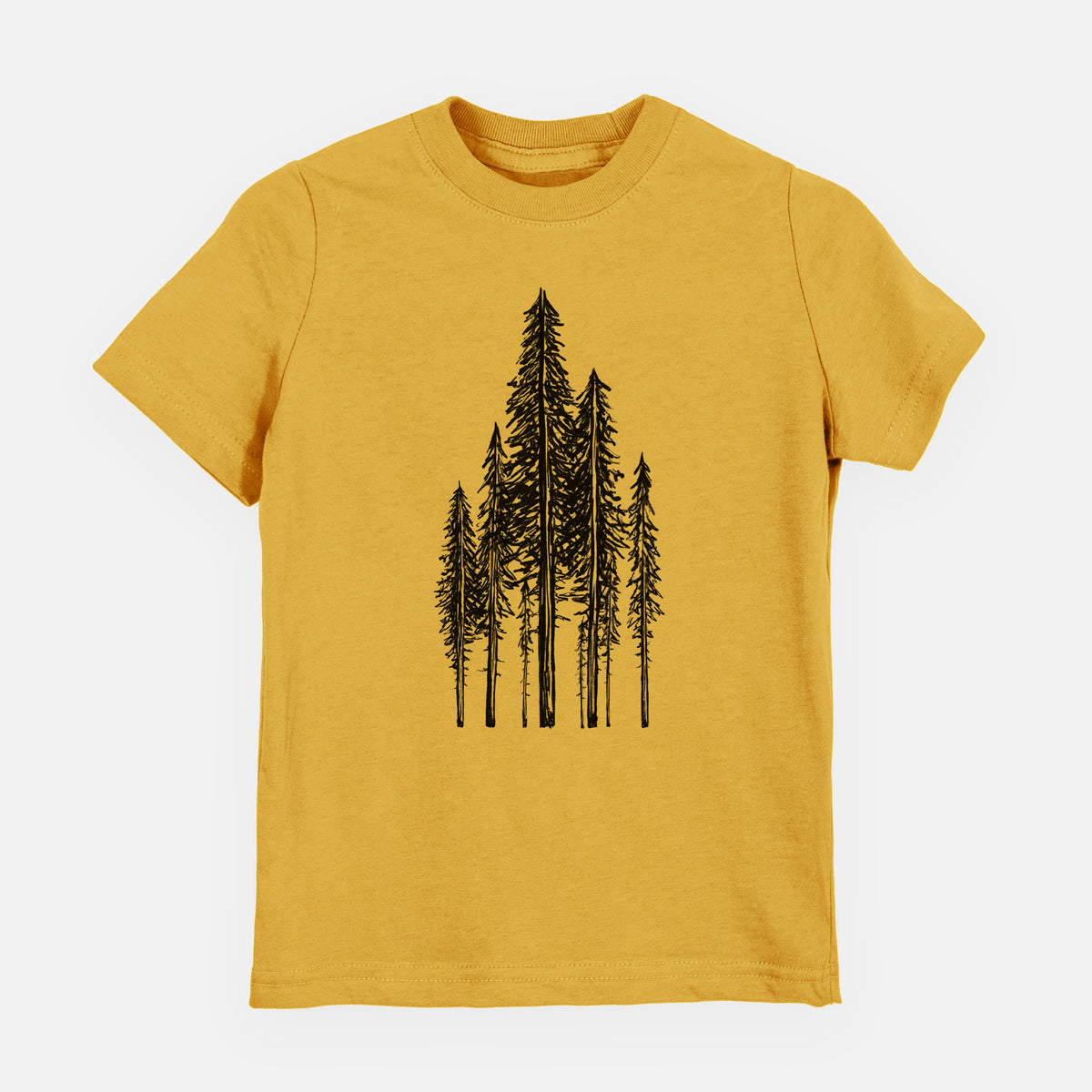 Honeycomb yellow youth t-shirt laid flat, printed with a black ink illustration of a stand of tall coastal redwood trees with slender trunks and layered branches.