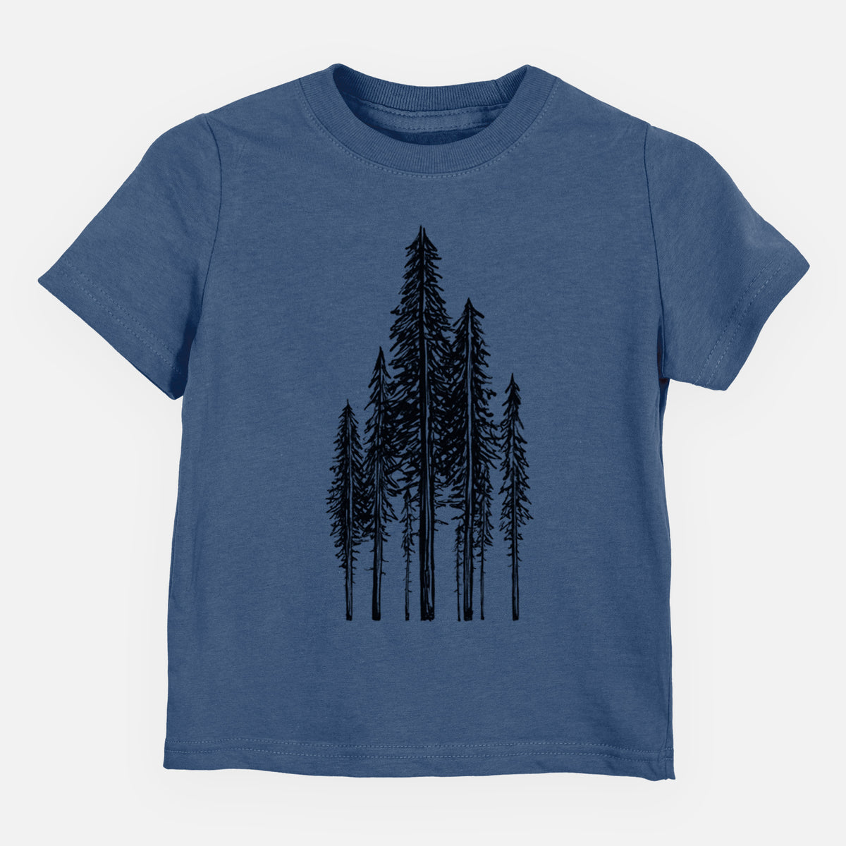 Indigo blue toddler t-shirt laid flat, printed with a black ink illustration of a stand of tall coastal redwood trees with slender trunks and layered branches.