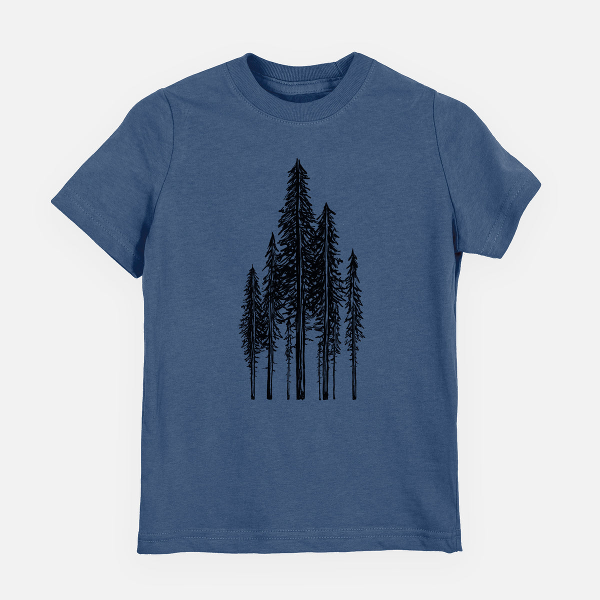 Indigo blue youth t-shirt laid flat, printed with a black ink illustration of a stand of tall coastal redwood trees with slender trunks and layered branches.