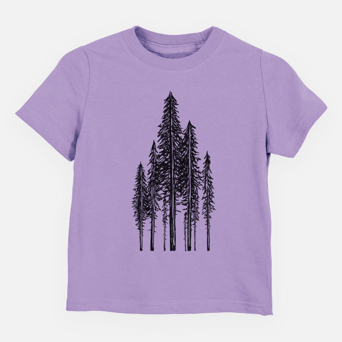 Lavender toddler t-shirt laid flat, printed with a black ink illustration of a stand of tall coastal redwood trees with slender trunks and layered branches.