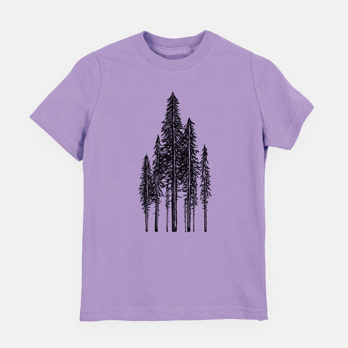 Lavender youth t-shirt laid flat, printed with a black ink illustration of a stand of tall coastal redwood trees with slender trunks and layered branches.