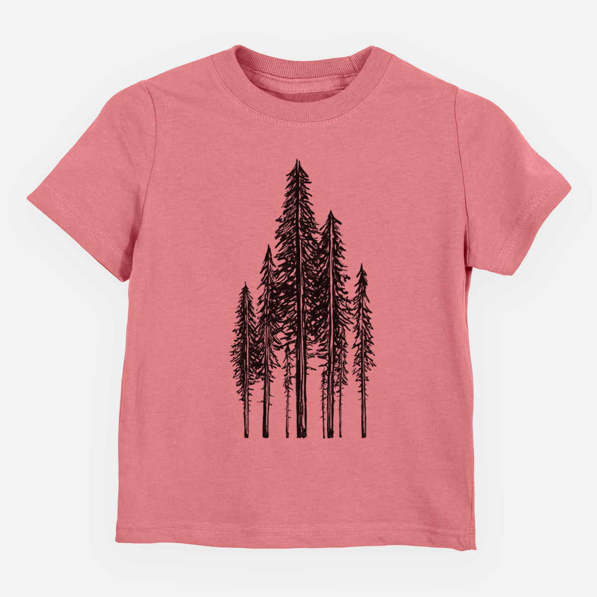 Mauve pink toddler t-shirt laid flat, printed with a black ink illustration of a stand of tall coastal redwood trees with slender trunks and layered branches.