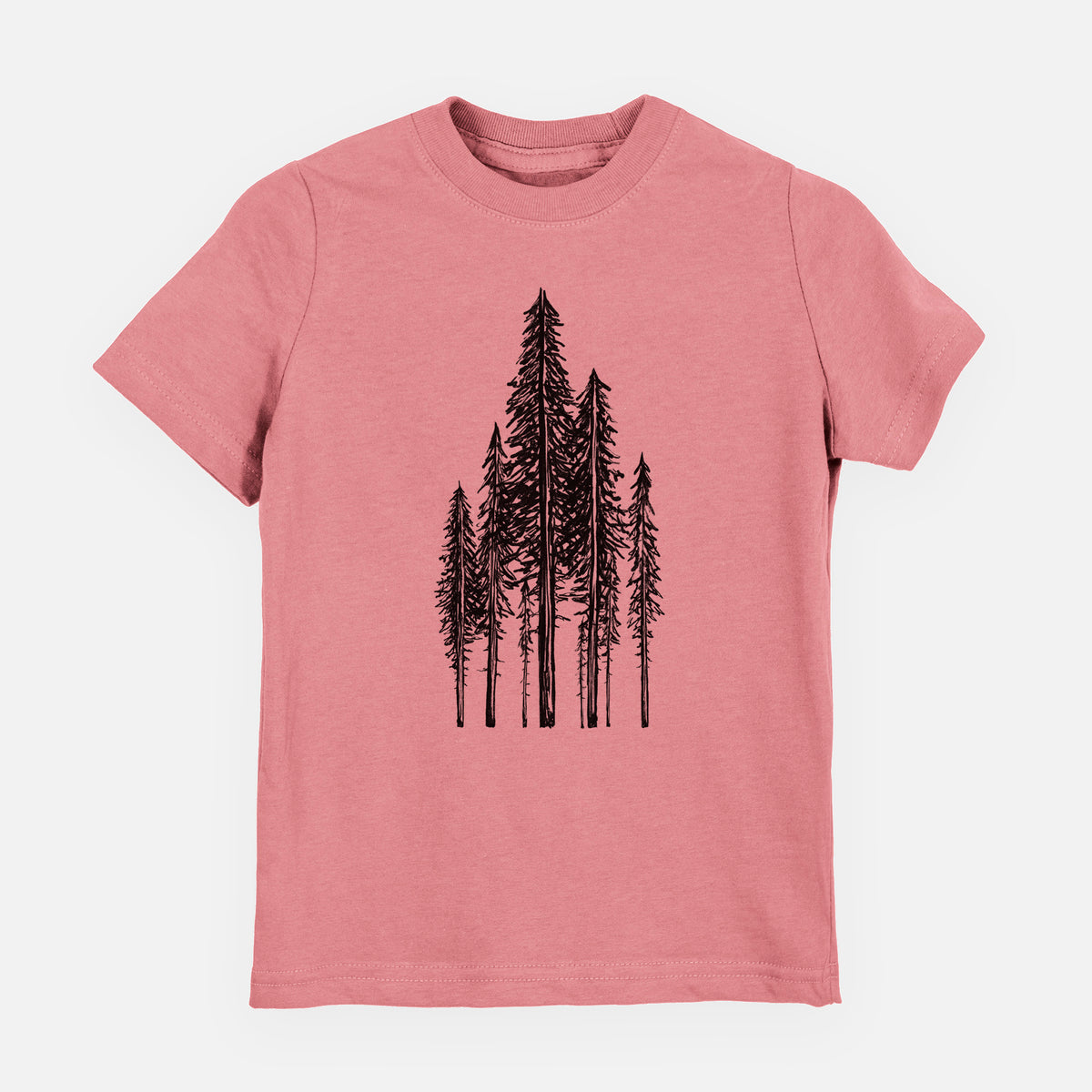 Mauve pink youth t-shirt laid flat, printed with a black ink illustration of a stand of tall coastal redwood trees with slender trunks and layered branches.