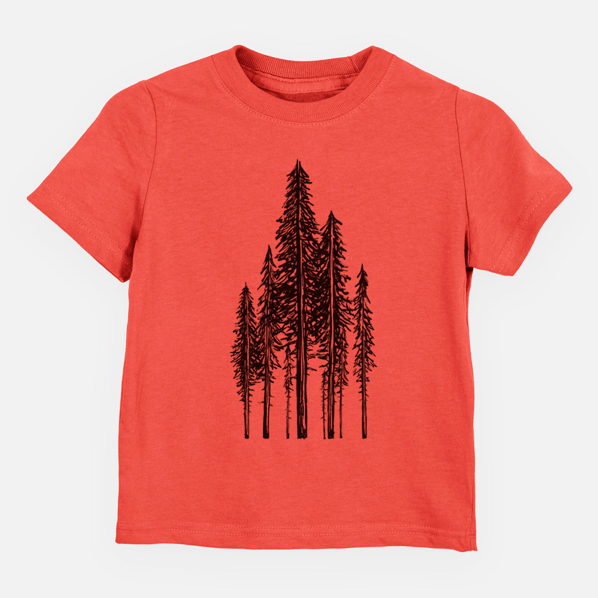 Passionfruit pink toddler t-shirt laid flat, printed with a black ink illustration of a stand of tall coastal redwood trees with slender trunks and layered branches.