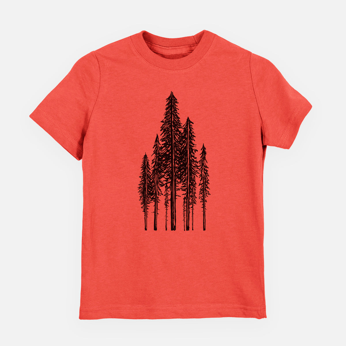 Passionfruit pink youth t-shirt laid flat, printed with a black ink illustration of a stand of tall coastal redwood trees with slender trunks and layered branches.