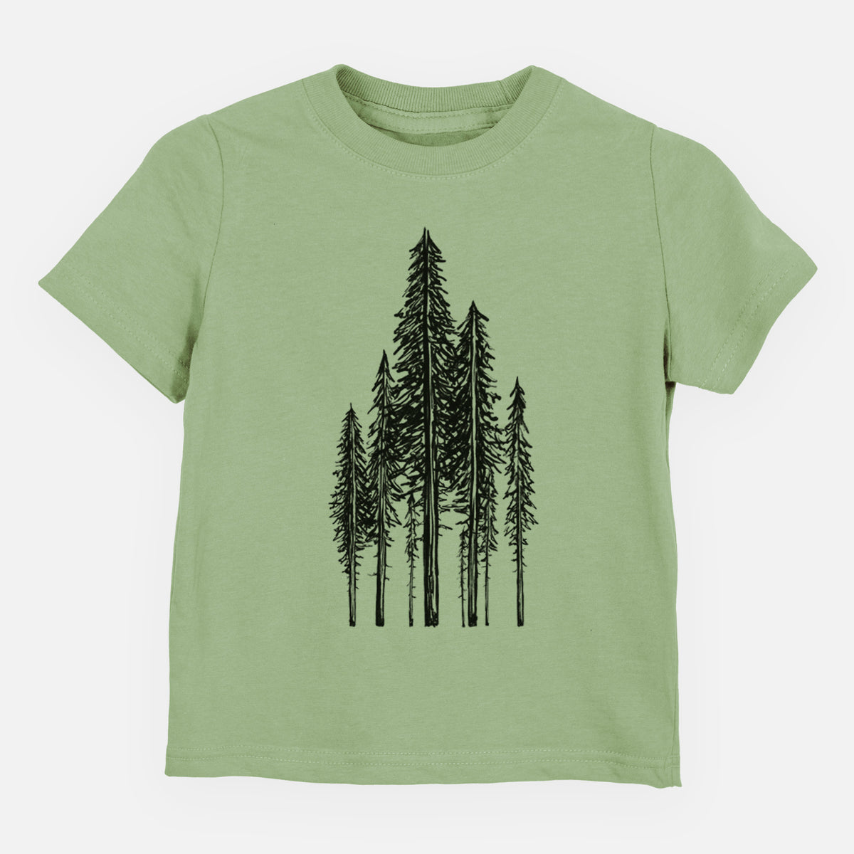 Sage green toddler t-shirt laid flat, printed with a black ink illustration of a stand of tall coastal redwood trees with slender trunks and layered branches.