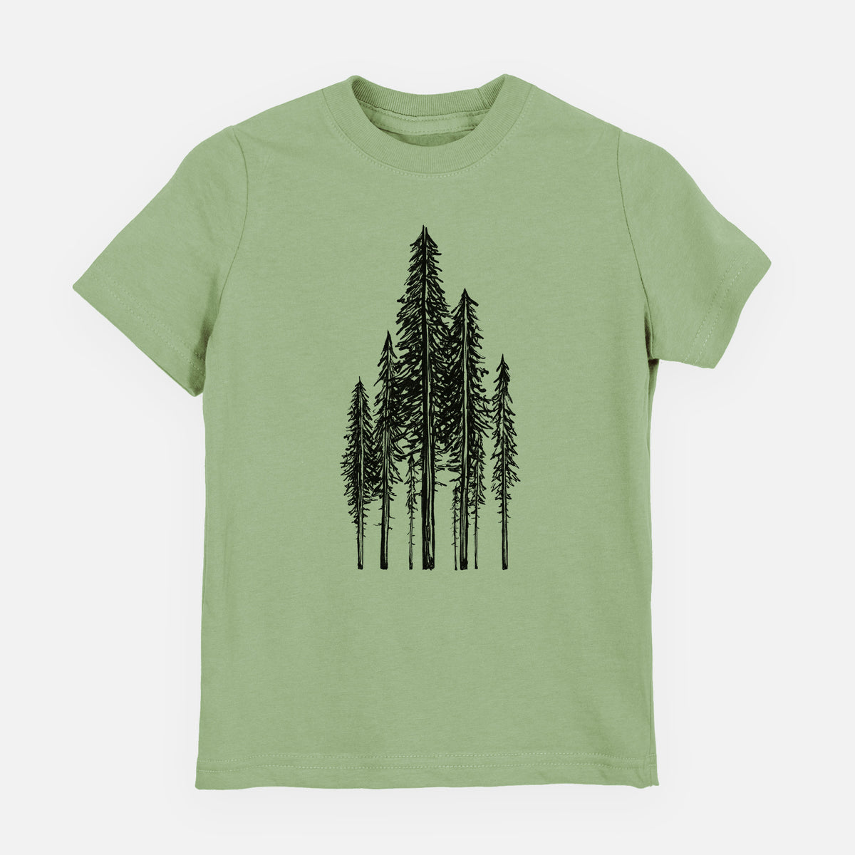 Sage green youth t-shirt laid flat, printed with a black ink illustration of a stand of tall coastal redwood trees with slender trunks and layered branches.