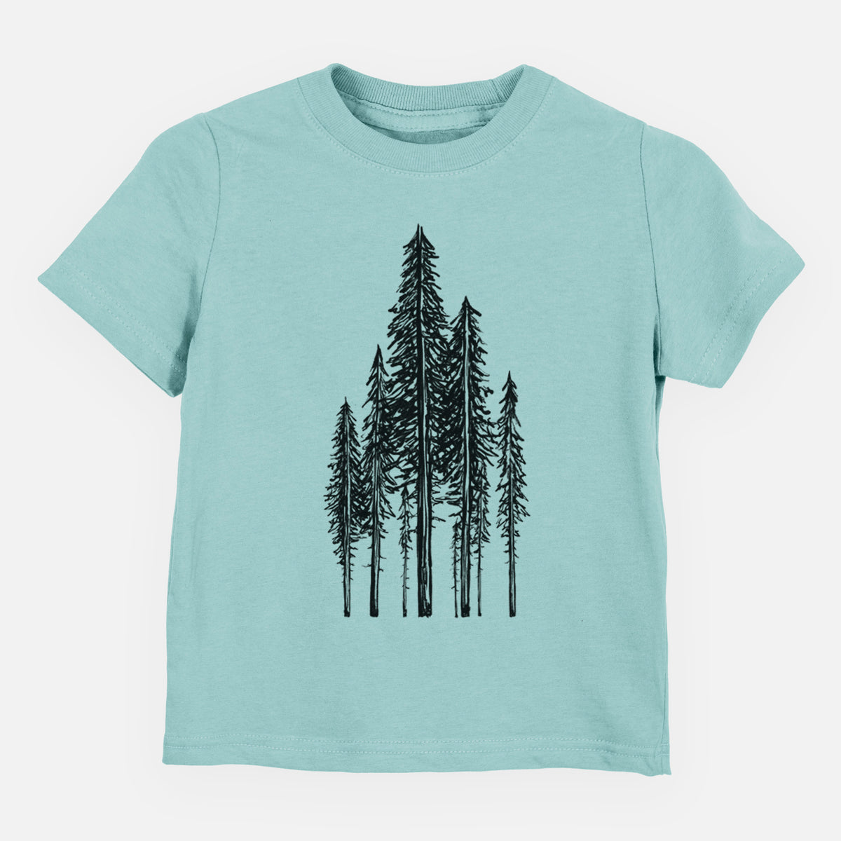 Saltwater toddler t-shirt laid flat, printed with a black ink illustration of a stand of tall coastal redwood trees with slender trunks and layered branches.