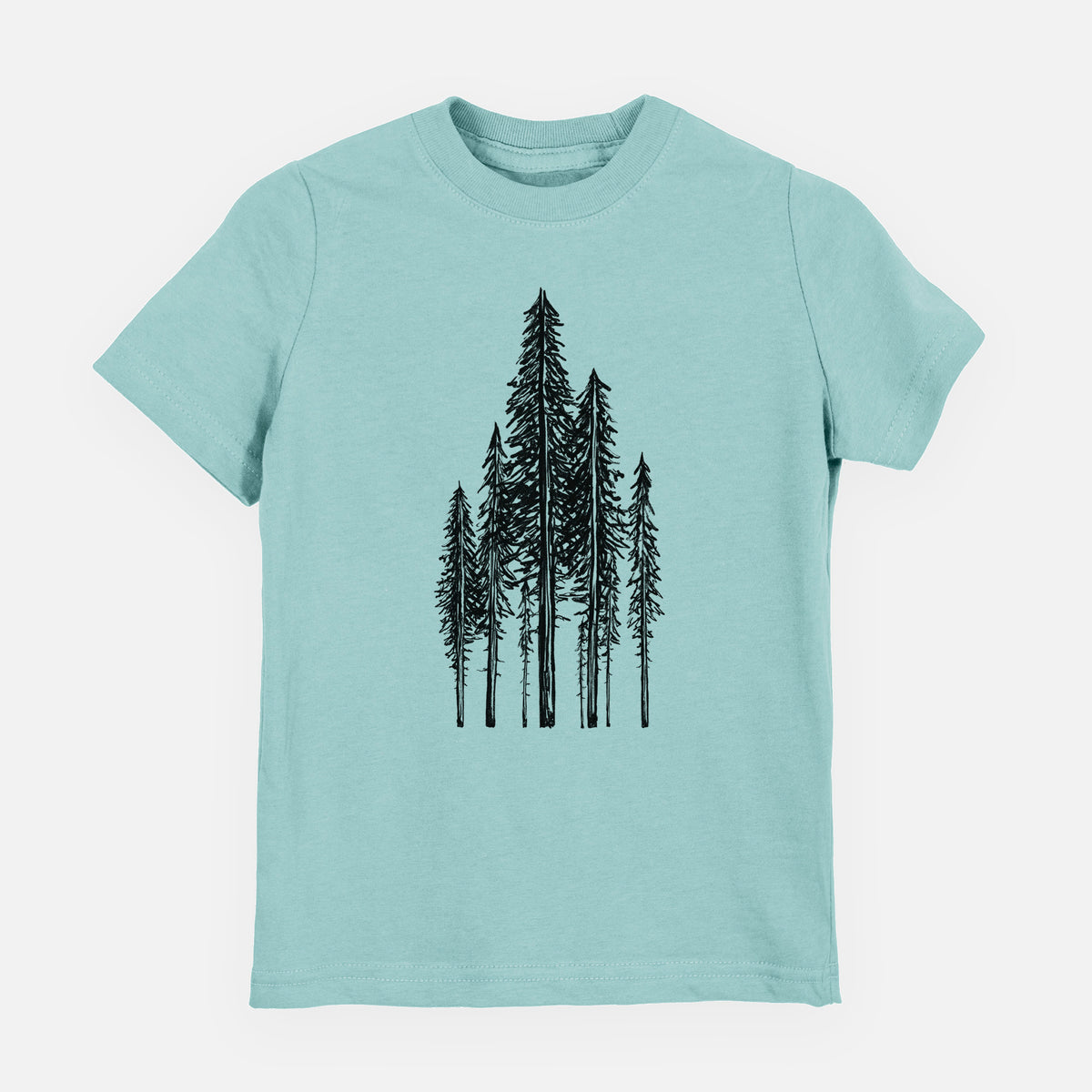 Saltwater youth t-shirt laid flat, printed with a black ink illustration of a stand of tall coastal redwood trees with slender trunks and layered branches.