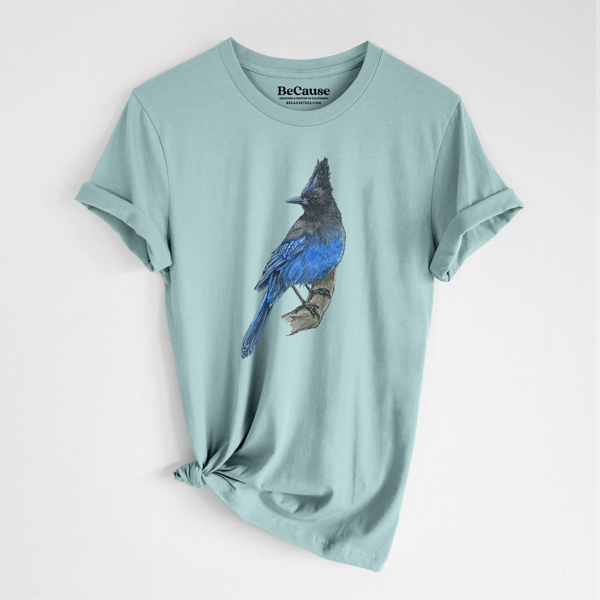 Dusty blue lightweight cotton t-shirt laid flat with the sleeves rolled, printed with a full-color illustration of a Steller's jay perched with its dark crest raised.