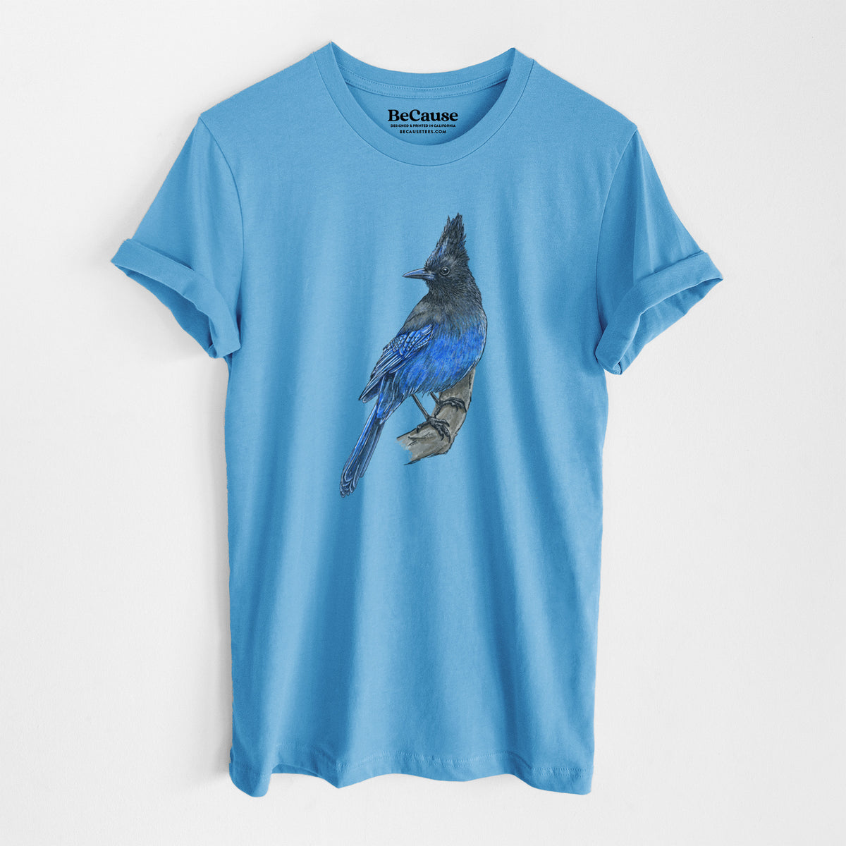 Ocean blue lightweight cotton t-shirt laid flat, printed with a full-color illustration of a Steller's jay perched with its dark crest raised.