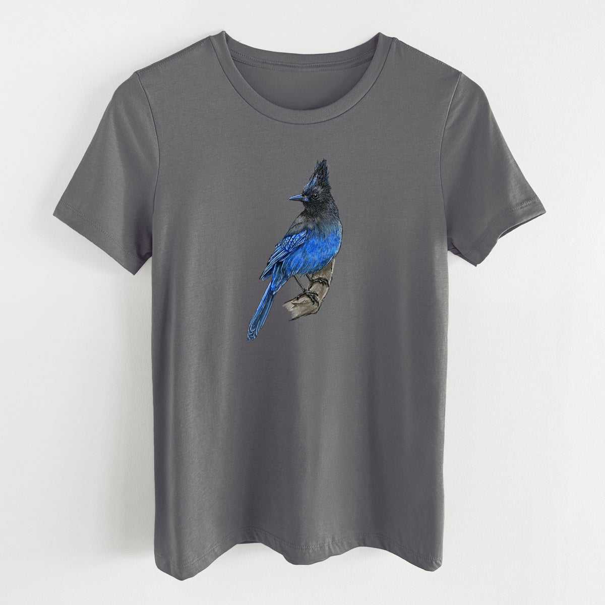 Asphalt women's relaxed fit cotton t-shirt laid flat, printed with a full-color illustration of a Steller's jay perched with its dark crest raised.