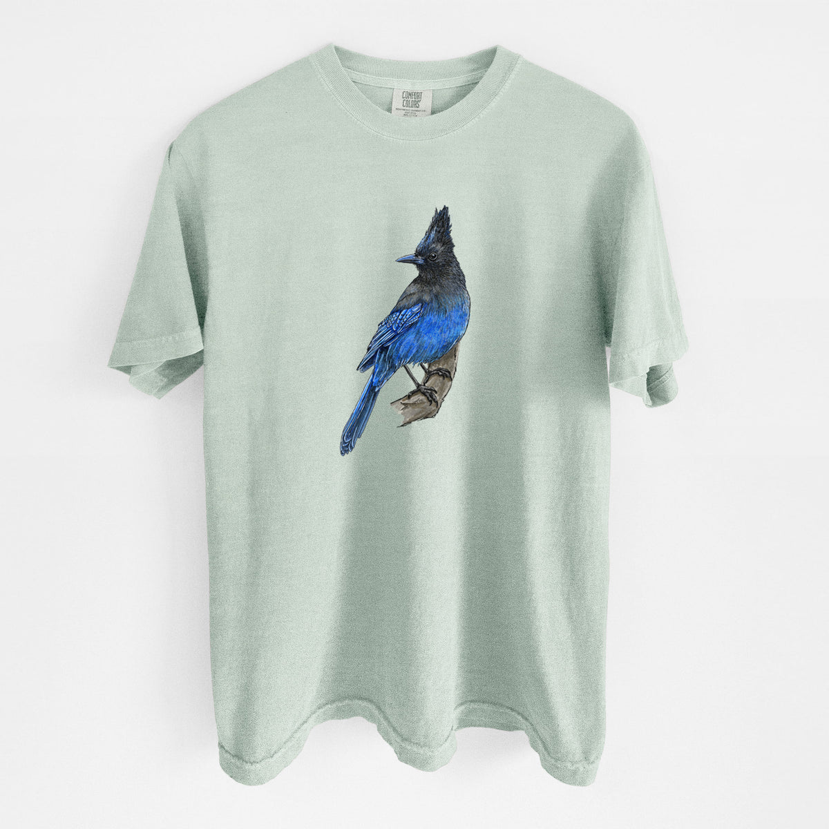 Bay green Comfort Colors t-shirt laid flat, printed with a full-color illustration of a Steller's jay perched with its dark crest raised.