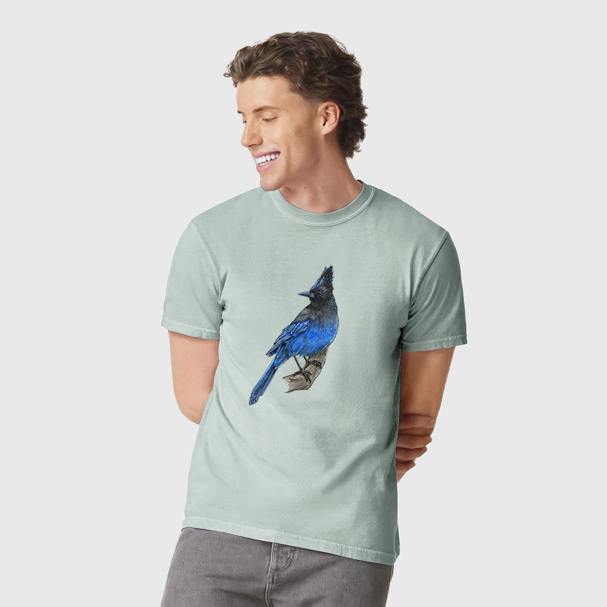 Man wearing a Comfort Colors t-shirt printed with a full-color illustration of a Steller's jay perched with its dark crest raised.