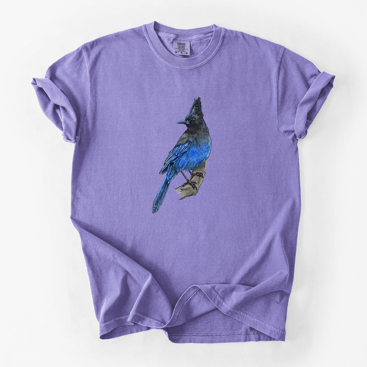 Violet purple Comfort Colors t-shirt laid flat, printed with a full-color illustration of a Steller's jay perched with its dark crest raised.