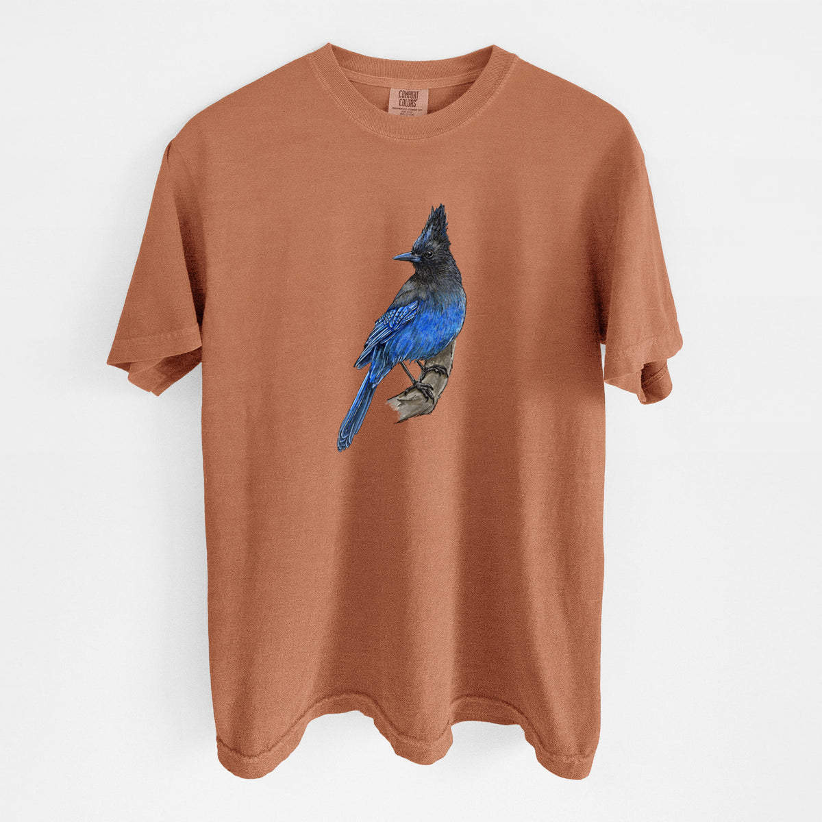 Yam burnt orange Comfort Colors t-shirt laid flat, printed with a full-color illustration of a Steller's jay perched with its dark crest raised.