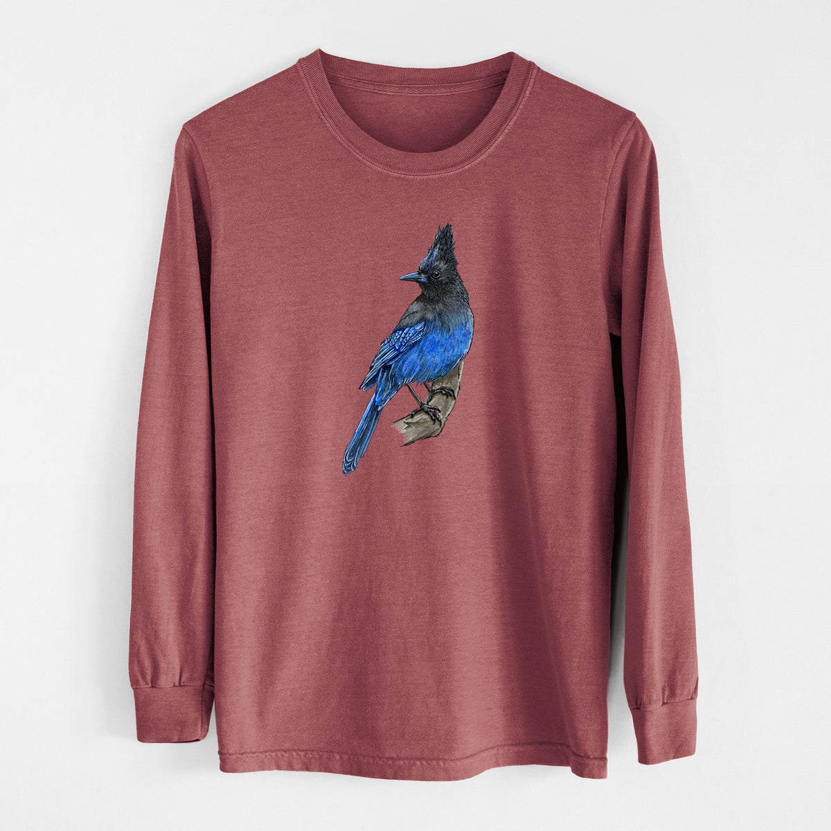 Brick red Comfort Colors long sleeve shirt laid flat, printed with a full-color illustration of a Steller's jay perched with its dark crest raised.