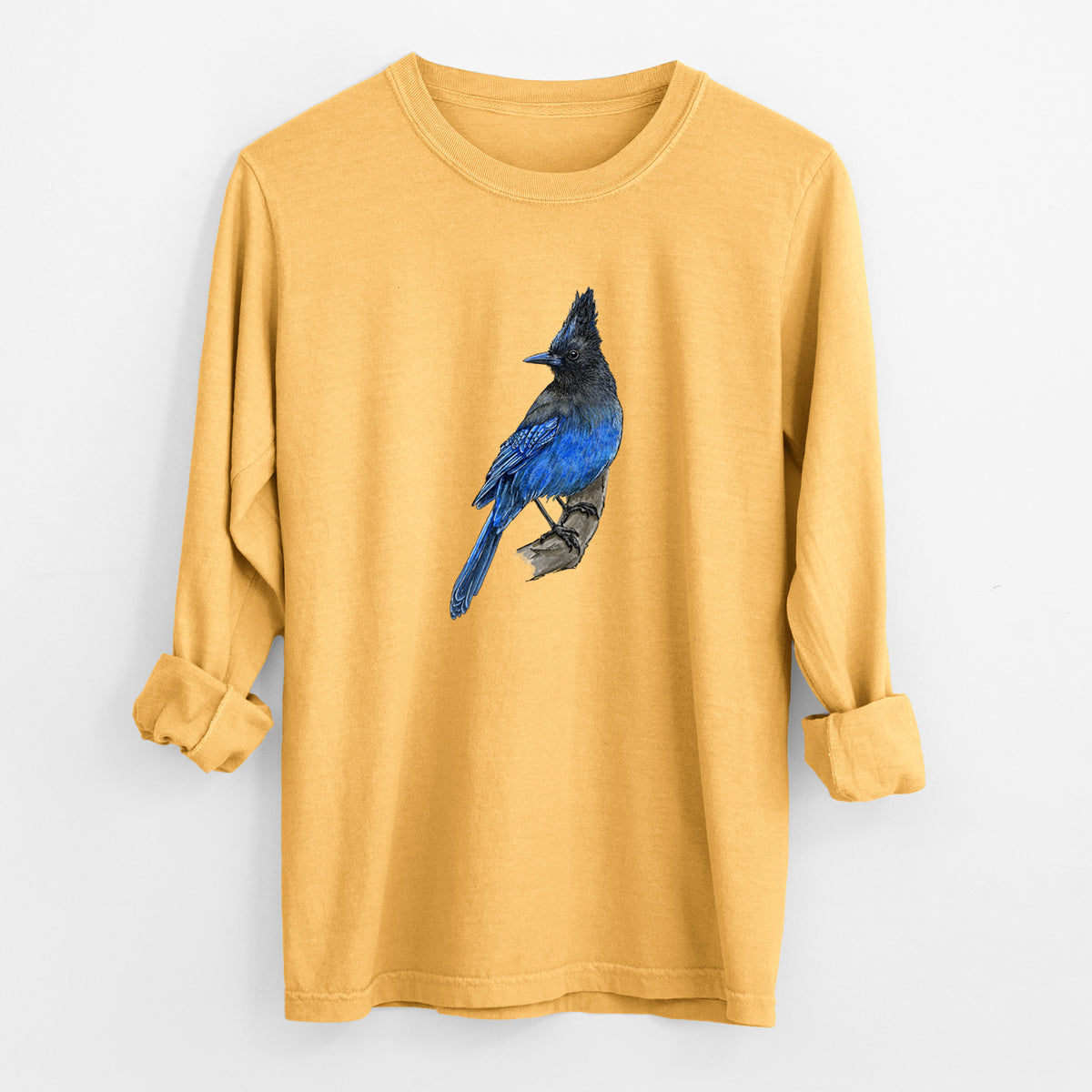Golden wheat yellow Comfort Colors long sleeve shirt laid flat with the cuffs rolled, printed with a full-color illustration of a Steller's jay perched with its dark crest raised.