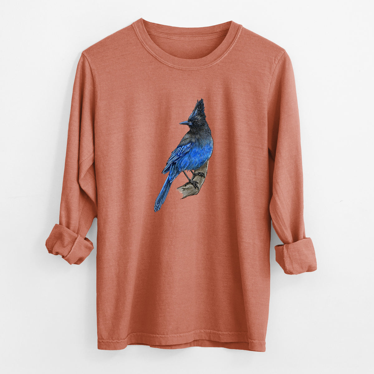Yam burnt orange Comfort Colors long sleeve shirt laid flat with the cuffs rolled, printed with a full-color illustration of a Steller's jay perched with its dark crest raised.