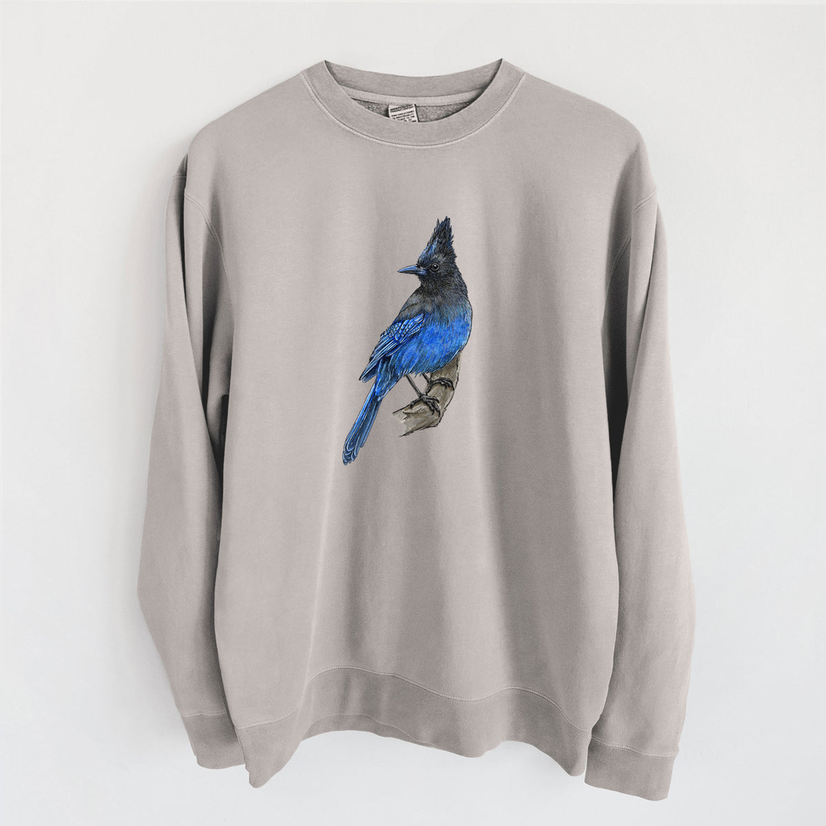 Cement grey pigment dyed crewneck sweatshirt laid flat, printed with a full-color illustration of a Steller's jay perched with its dark crest raised.