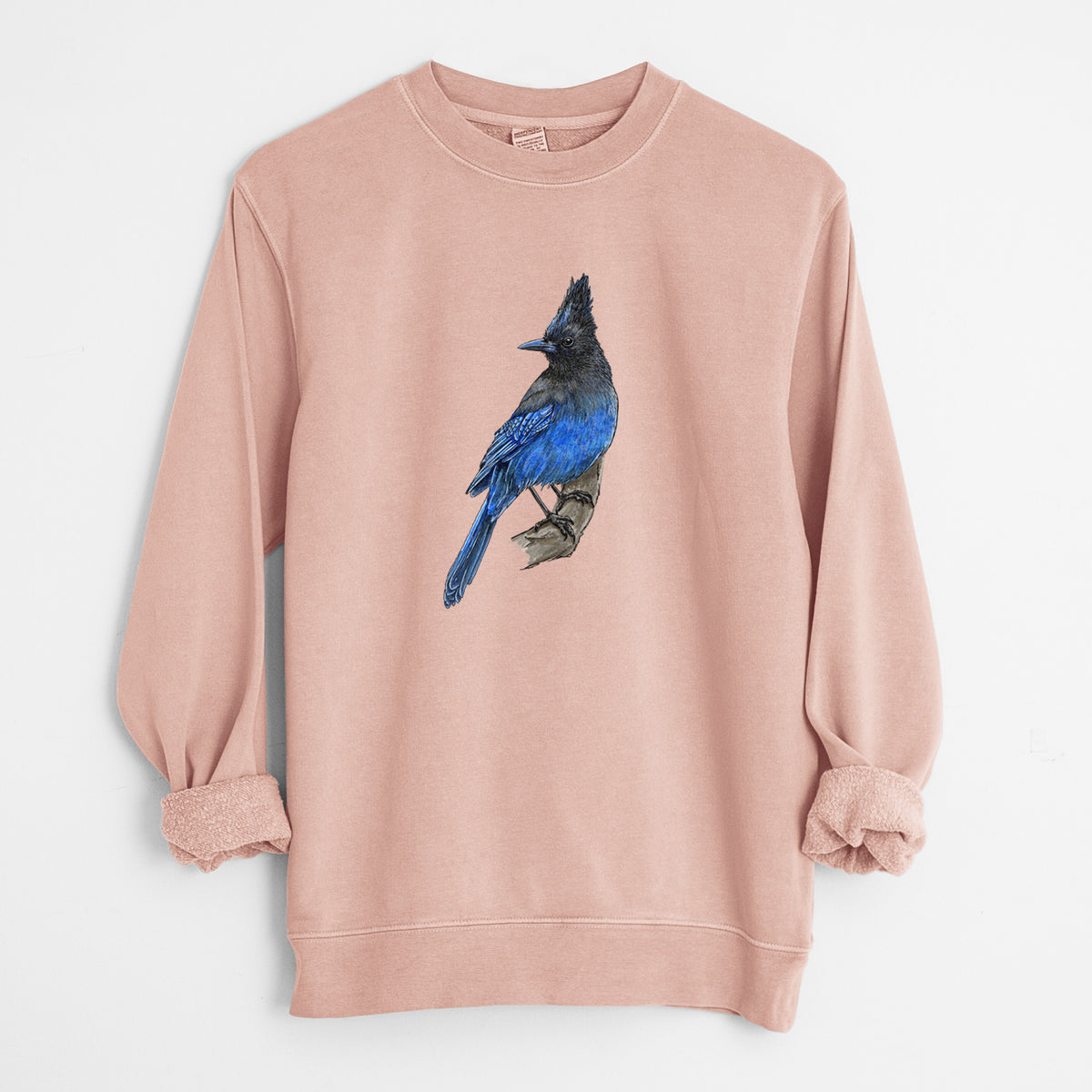 Dusty pink pigment dyed crewneck sweatshirt laid flat with the sleeves rolled, printed with a full-color illustration of a Steller's jay perched with its dark crest raised.