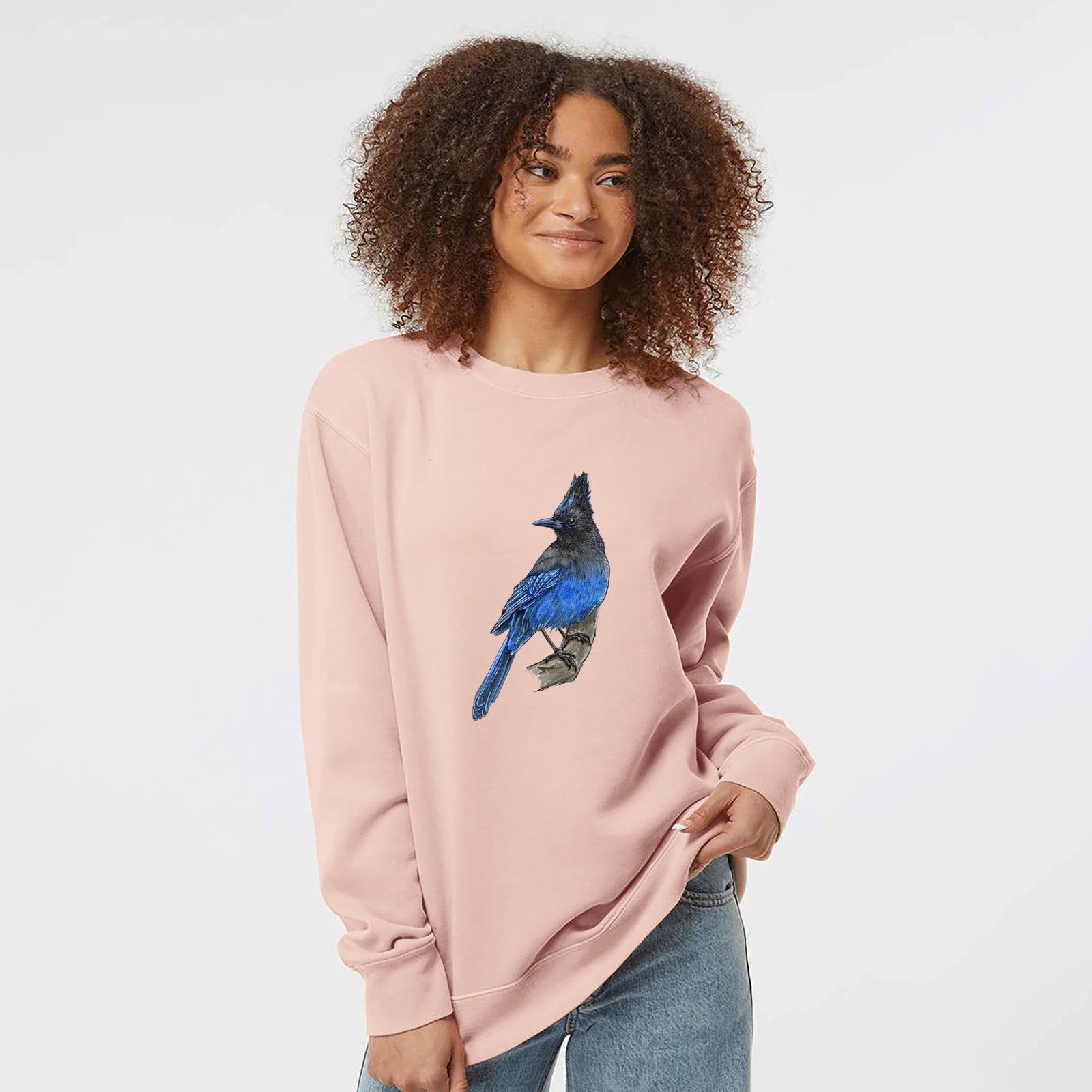 Alpine green pigment dyed crewneck sweatshirt laid flat, printed with a full-color illustration of a Steller's jay perched with its dark crest raised.