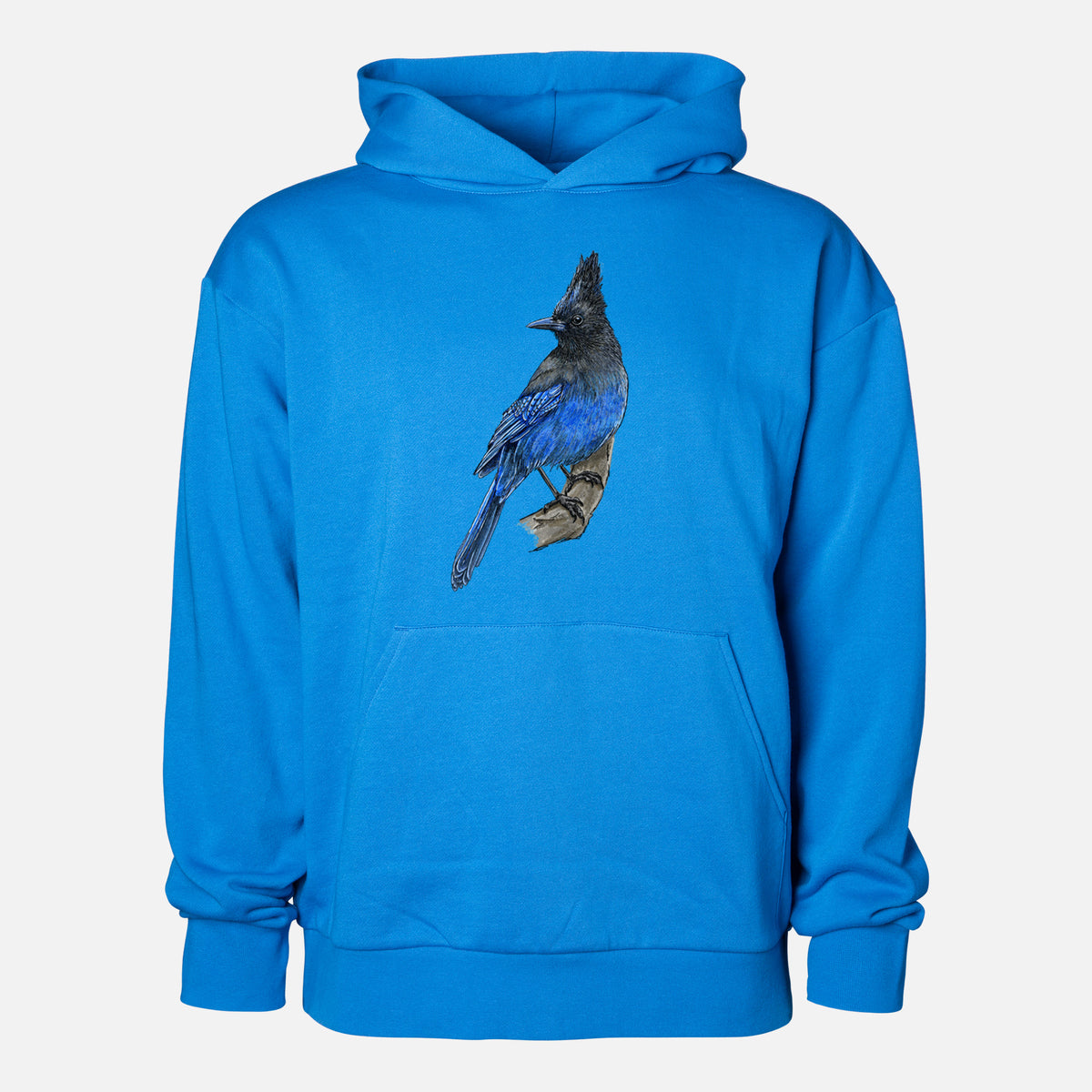 Vibrant Coastal Steller's Jay - Cyanocitta stelleri - Statement Midweight Hoodie in Azure Blue, shown from the front with the design printed on the chest above a front kangaroo pocket.