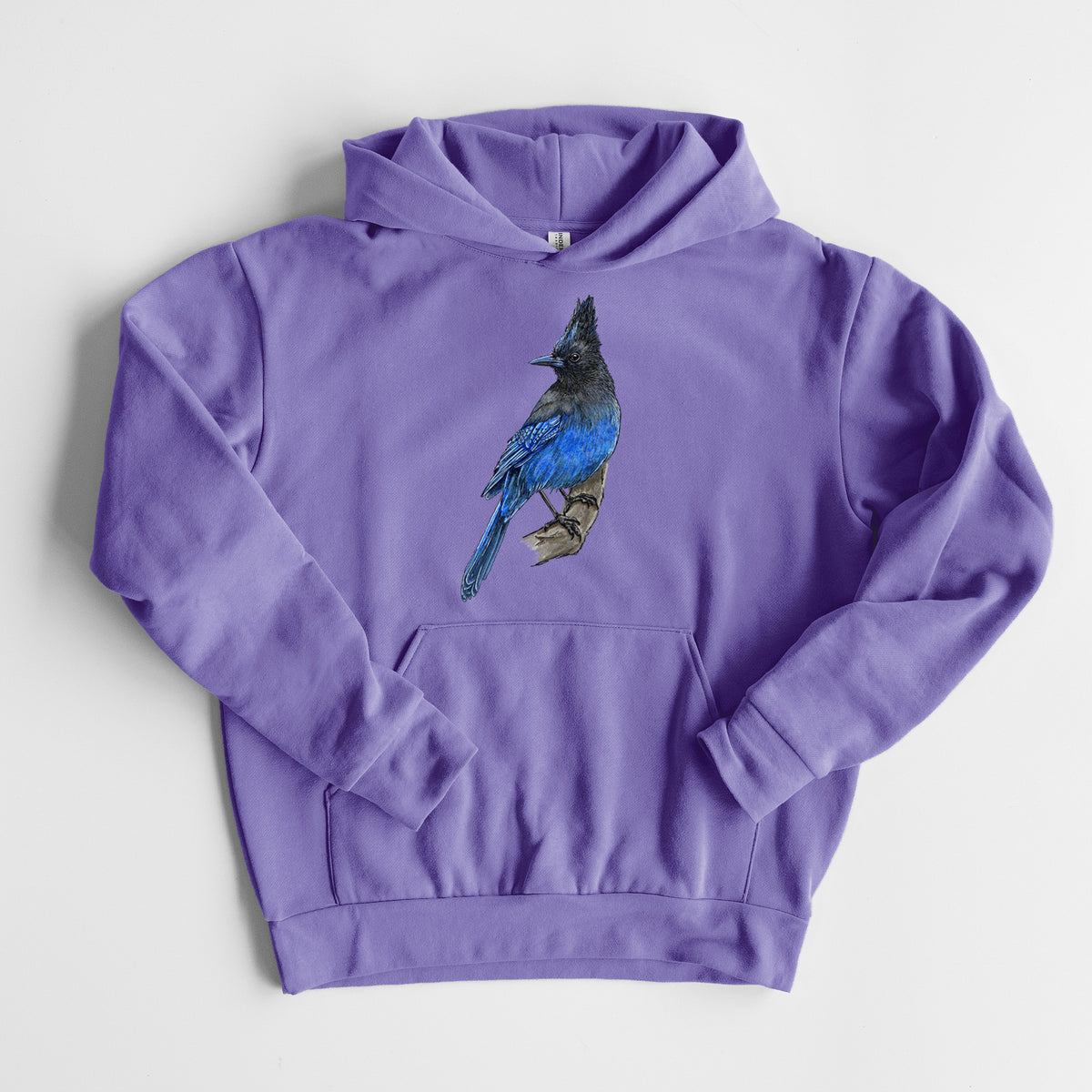 Vibrant Coastal Steller's Jay - Cyanocitta stelleri - Statement Midweight Hoodie in Violet, laid flat, showing the oversized boxy fit and front kangaroo pocket.