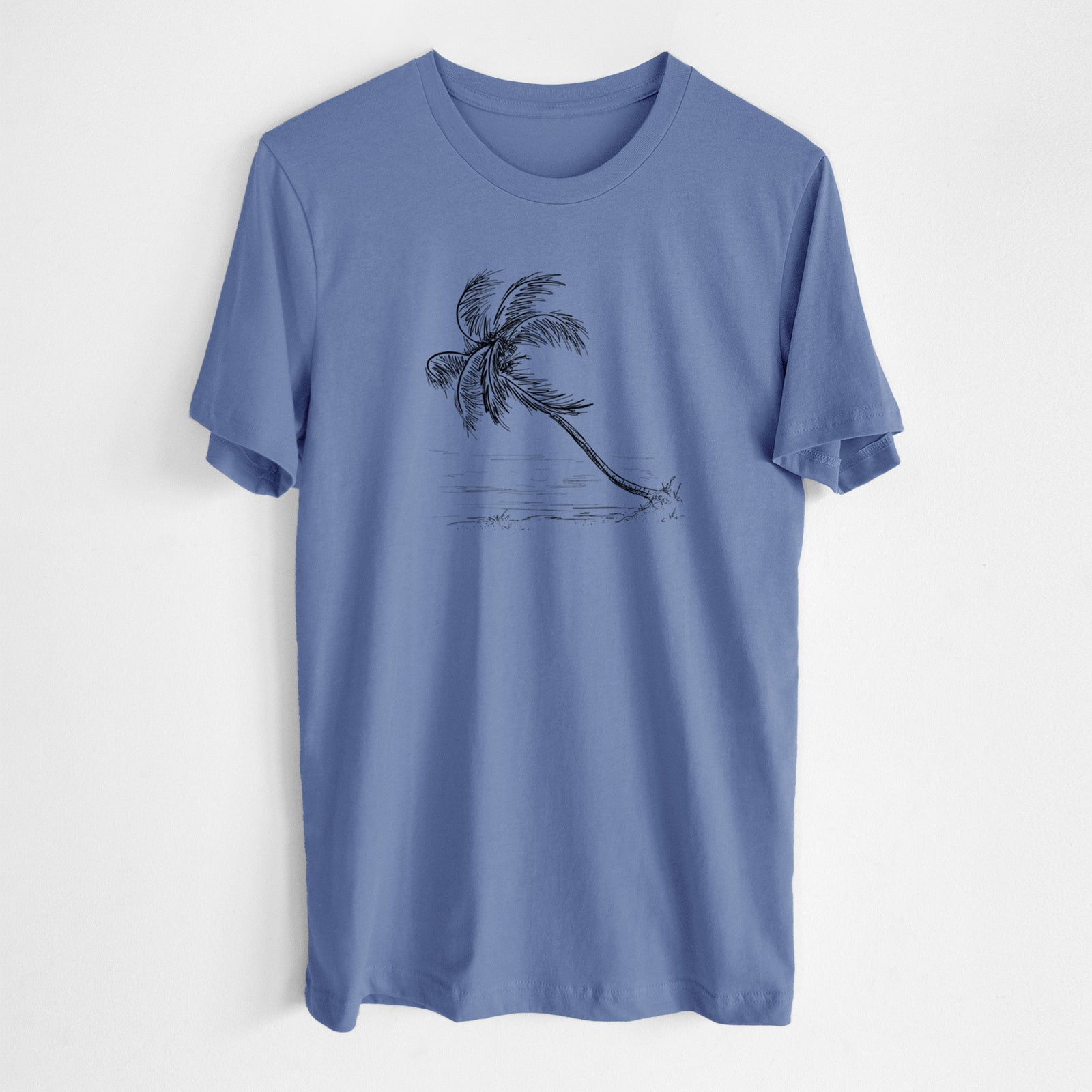 Blue bell lightweight cotton t-shirt laid flat, printed with a black ink illustration of a coconut palm leaning over a sandy beach.